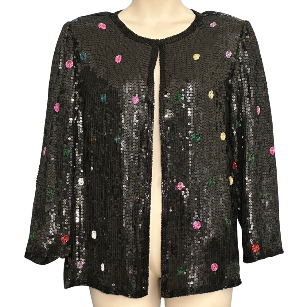 Vintage SCALA Womens Jacket M Black Silk Sequins Dots Embellished Festive Party